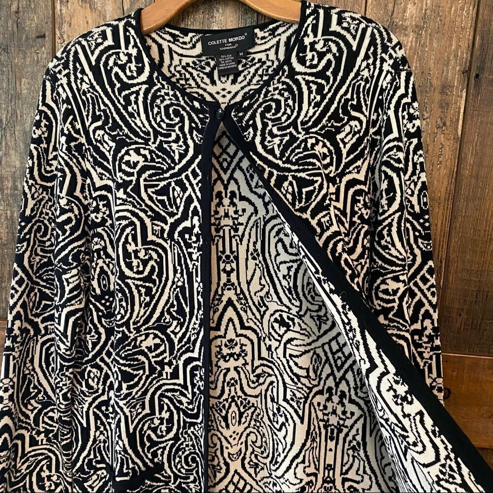 Colette Mordo Sadimara Sz M Black White Jacquard Knit Midi Button Sweater Jacket - Picture 10 of 12
